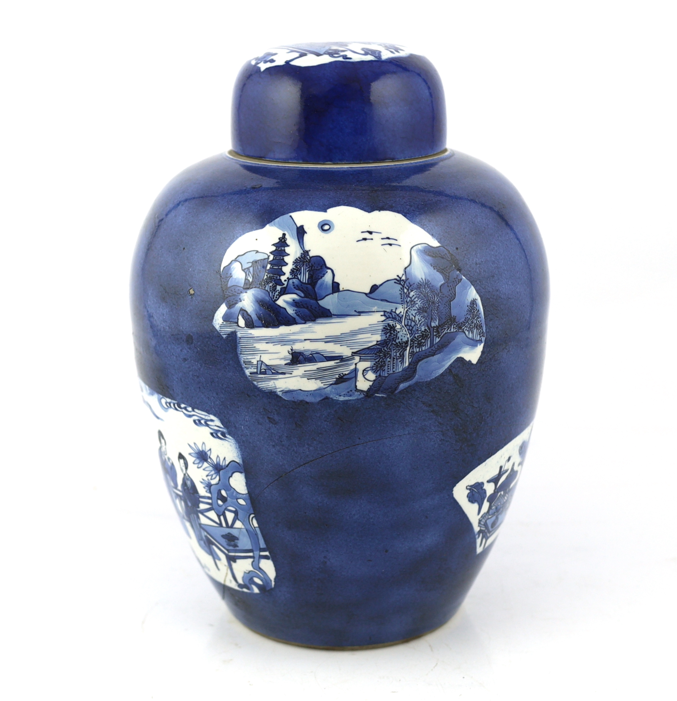 A large Chinese powder blue jar and cover, Kangxi period, cracked and a section glued